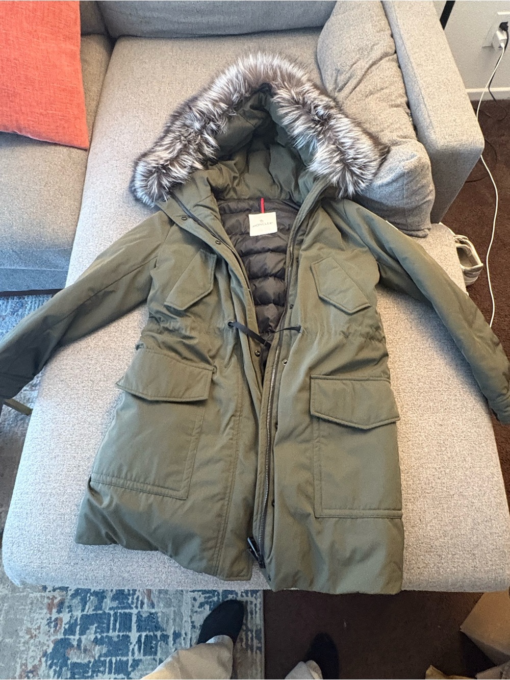 Moncler Olive Green Fur-Trim Hooded Puffer Parka